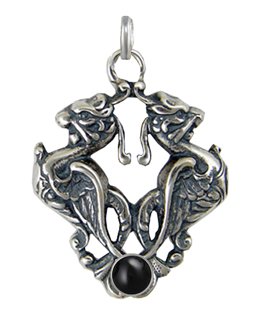 Sterling Silver Double Phoenix Crest Pendant With Black Onyx